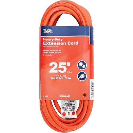All-Source SJTW Extension Cord, 14 AWG, Outdoor, 14/3, 1 Outlets, Orange, 25 ft OU-JTW143-25-OR